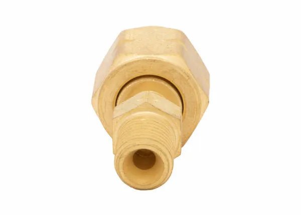 Harris Hose M/A-to-F/B RH Oxygen Adaptor 9004418 for welding, brass hex nut and threaded male end, front view on white.