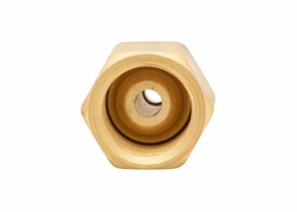Close-up of Harris 9004418 Oxygen Adaptor, brass hex nut, M/A-to-F/B, RH, essential welding accessory on white background.