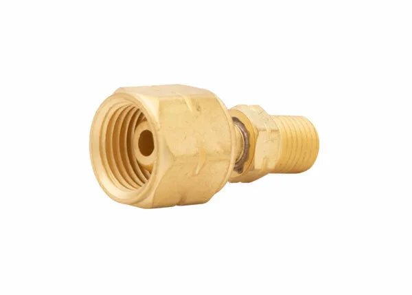Harris 9004418 RH Oxygen Adaptor with hex nut and threaded male connector for welding equipment, replacement fitting shown on white.