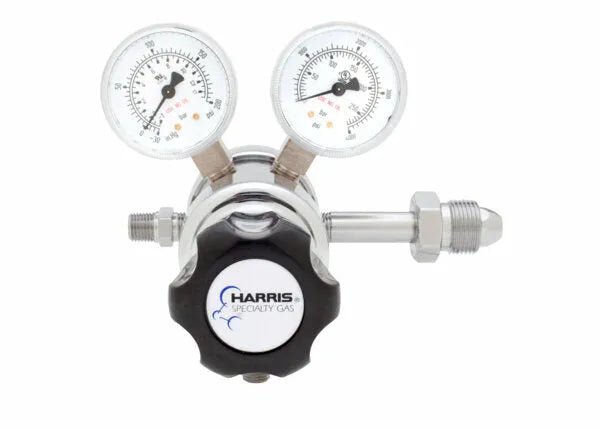 Harris HP702-050P-580-D Welding Regulator 3302809, electroless nickel-plated, dual gauges, for argon/nitrogen gas flow control.