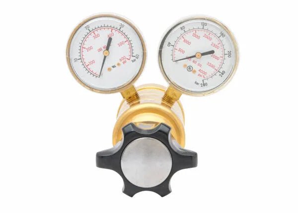 Harris HP750-250 3000 Brass Gas Regulator for welding, dual gauges, black knob, non-corrosive, shown on white background.