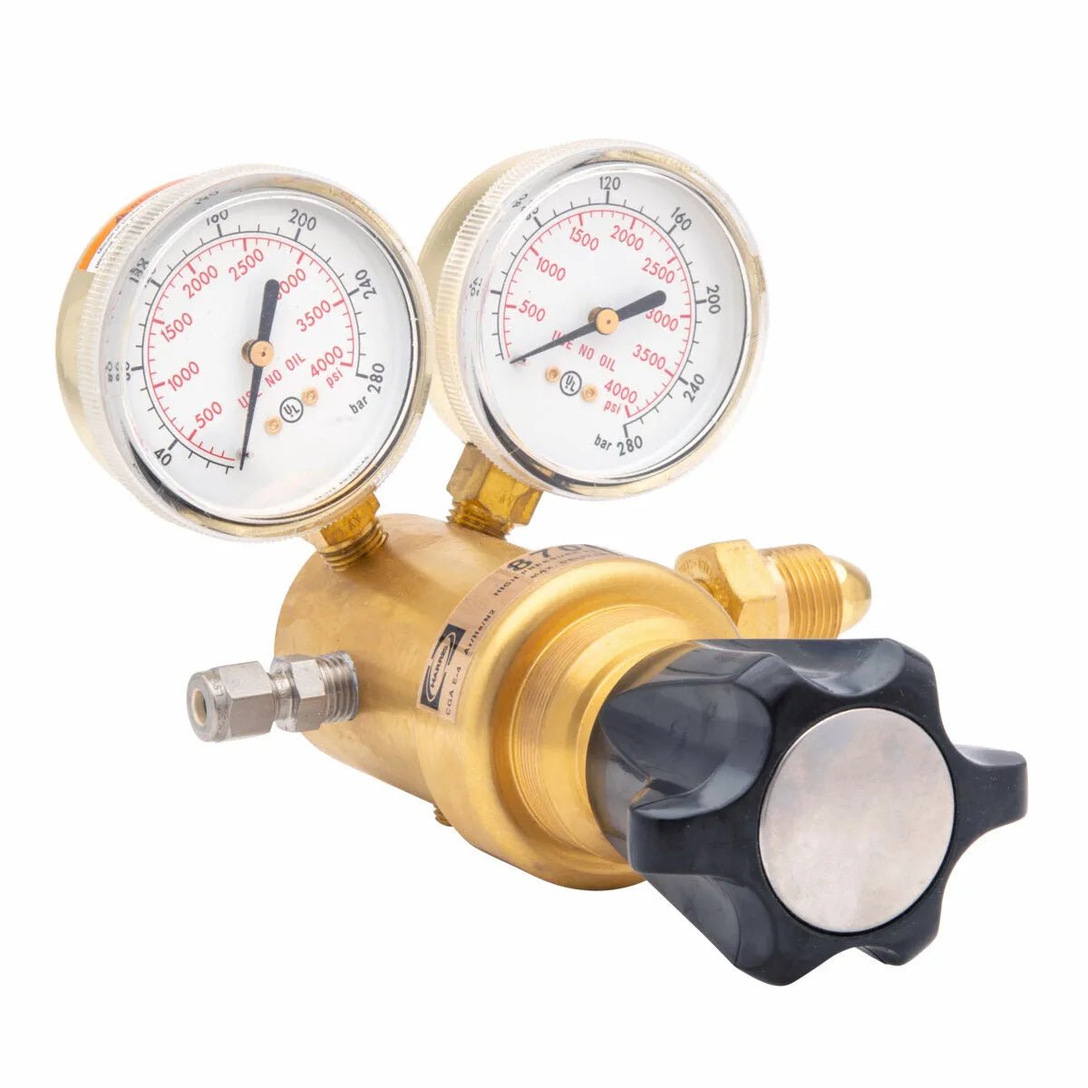 A single stage brass high pressure regulator with two analog gauges and a large black adjustment knob, used for controlling argon or nitrogen gas flow in industrial or laboratory settings.