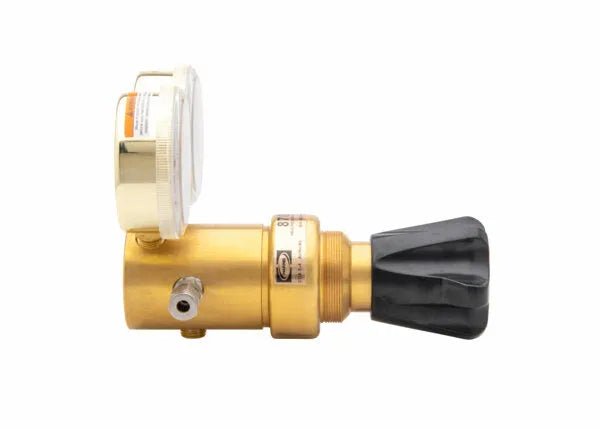 A single stage brass gas regulator with a pressure gauge and a large black plastic adjustment knob, designed for use as an argon/nitrogen regulator, shown on a white background.