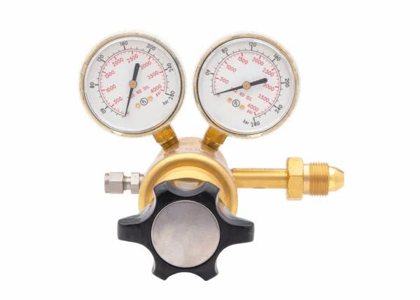 A brass single stage regulator for argon/nitrogen features two round pressure gauges, a black adjustment knob at the front, and a threaded connection fitting on the right side, all set against a white background.