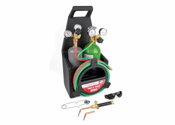 The Harris HVAC Oxygen Acetylene Port-A-Torch Kit (4400174) includes red and green cylinders, black case, gauges, hoses, torch handle, welding/cutting tips, goggles, and lighter—ideal for portable HVAC welding and cutting.