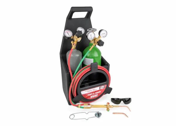 The Harris 4400177 HVAC Oxygen Acetylene Port-A-Torch No C/A Kit (for CGA 540/200) includes pressure gauges, red hose, torch handle with tips, safety glasses, striker, and a plastic carrying case—ideal for brazing and welding. Cylinders not included.