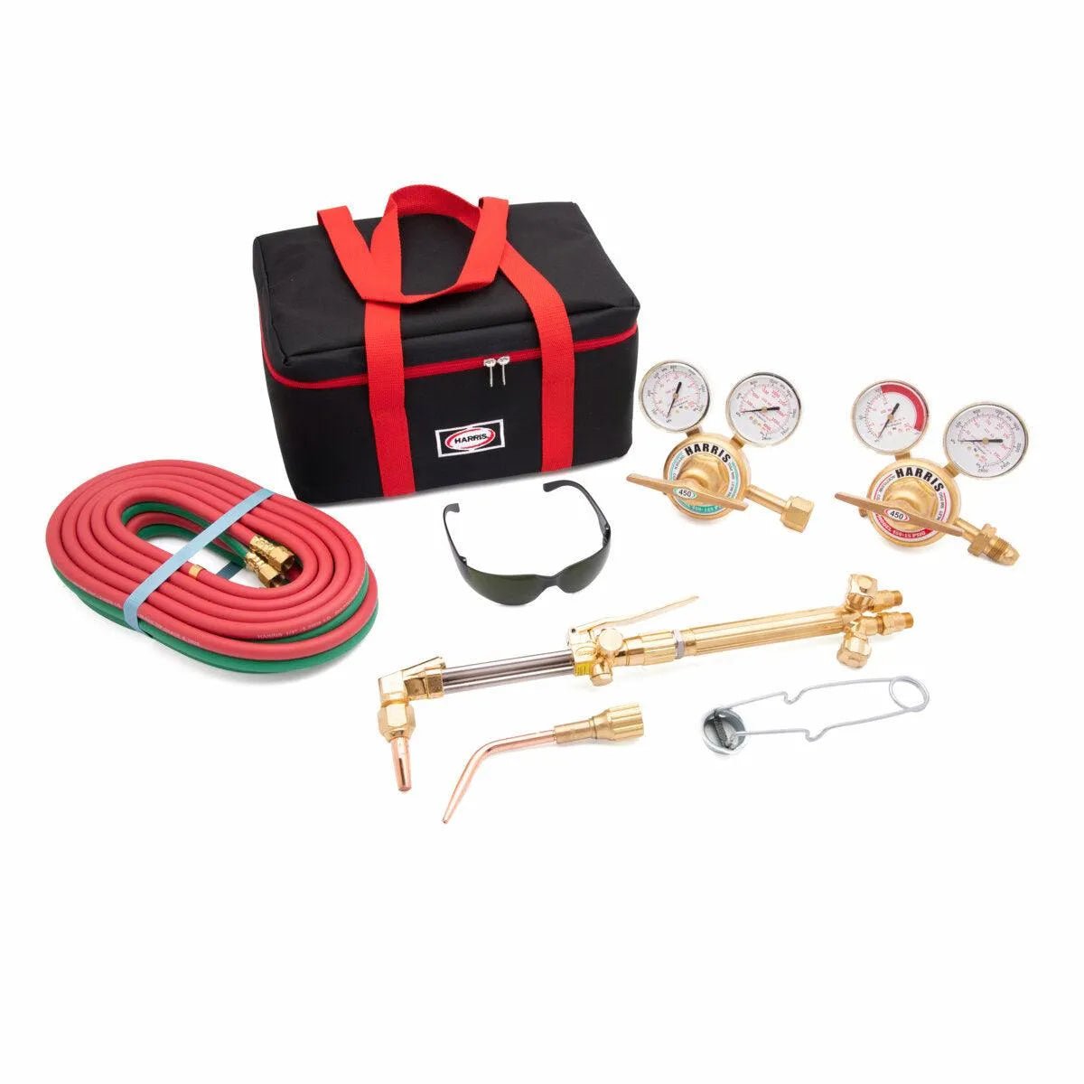 Harris HXT 450 Deluxe Ironworker Acetylene Cutting Torch Kit with hoses, gauges, torch handles, goggles in case—WeldingMart.