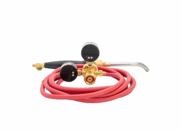 The Harris Inferno 4B Quick Connect Kit CGA-520 (4400084) features a red hose, brass regulator with dual black dials, and a black-handled curved nozzle—ideal for copper tube soldering—shown on a plain white background.