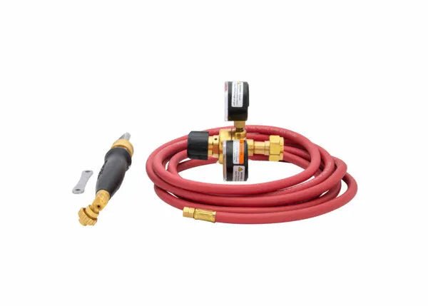The Harris Inferno 5B Quick Connect Kit CGA-520 (4400085) is shown with a red acetylene hose, brass regulator with gauges, black welding torch, and silver wrench—all arranged on a white background.