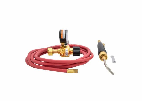 The Harris Inferno 5B Quick Connect Kit CGA-520 - 4400085 is a red propane torch with coiled hose, brass regulator, pressure gauge, curved nozzle, black adjustment knob, and a silver wrench—perfect for brazing or soldering. Shown on a white background.