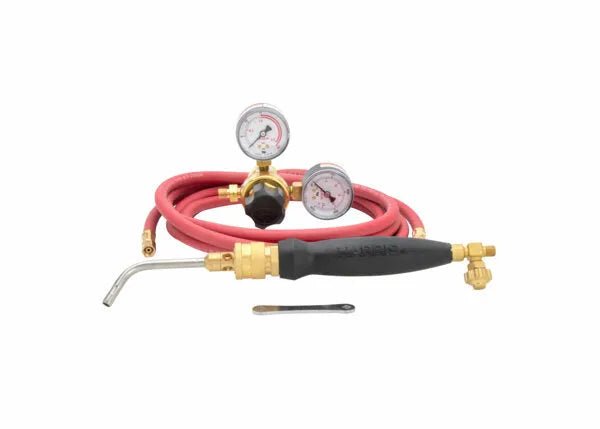 The Harris Inferno 5B Quick Connect Kit CGA-520 - 4400085 includes a red acetylene gas welding hose with brass fittings, twin pressure gauges, a black torch handle with curved nozzle, and a small metal tool on a white background.