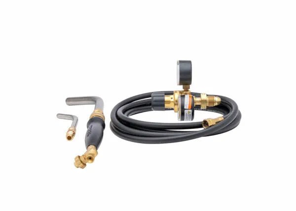 The Harris Inferno 601 Quick Connect Kit CGA-510P - 4400089 includes a propane torch with black rubber hose, brass/black handle, pressure gauge, and regulator. Two bent metal torch tips with brass fittings are ideal for brazing and soldering projects.