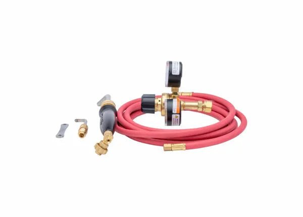 Featuring a coiled red hose with brass quick-connect fittings, black regulator with gauge, hand-held torch attachment, and connectors, the Harris Inferno 6MC Quick Connect Kit CGA-200 - 4400088 is ideal for copper tube soldering.