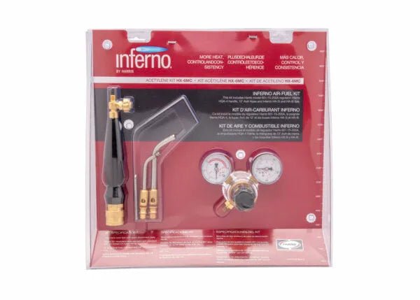 The Harris Inferno 6MC Quick Connect Kit CGA-200 (4400088) is shown packaged with a red background, featuring a torch handle, two gas gauges, hose, and brass fittings. The packaging emphasizes “More Heat” and “Kit de Abe y Combustible Inferno.”.