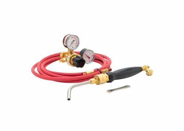 The Harris Inferno 8B Quick Connect Kit CGA-520 - 4400086 features a red hose, pressure gauges, brass connectors, black handle, and curved metal nozzle coiled on a white background with a small metal tool beside the torch assembly.