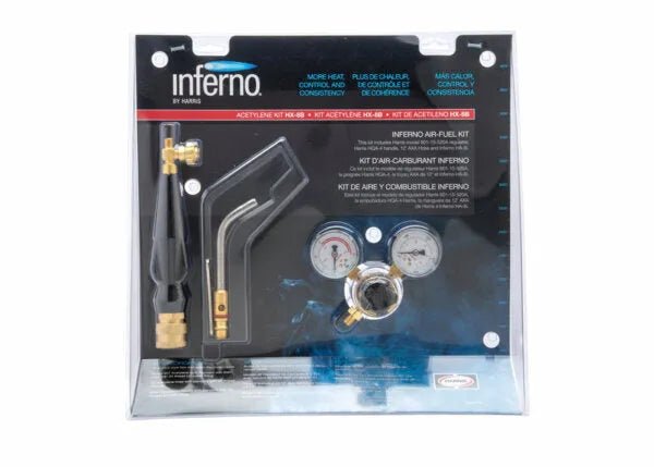 The Harris Inferno 8B Quick Connect Kit CGA-520 (4400086) is shown in black packaging with blue accents. The acetylene brazing kit includes a torch handle, two gauges, a brass valve, and connectors, with info in English and French.