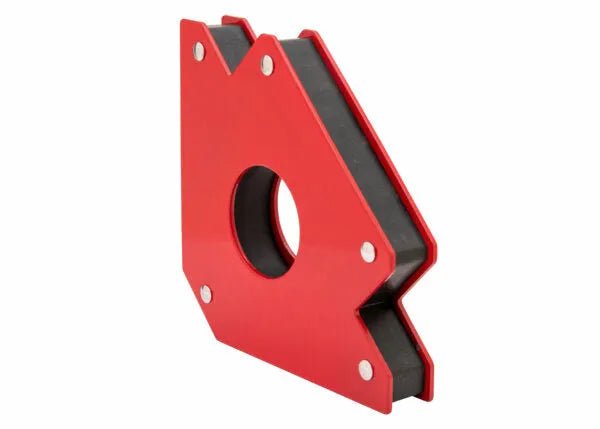 The Harris Magnetic Holder - Large (MAGFXLG) is a red, arrow-shaped magnet with a central hole, angled edges, black inner material, and silver rivets—ideal for positioning metal pieces during welding or as a multi-purpose magnet.