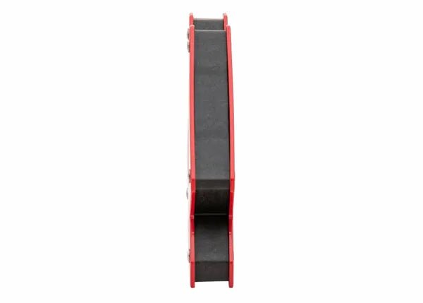 A top-down view of the Harris Magnetic Holder - Large - MAGFXLG for hockey pucks, showing its black center, red rounded edges, and strong multi-purpose magnet. Rectangular profile, pictured against a white background.