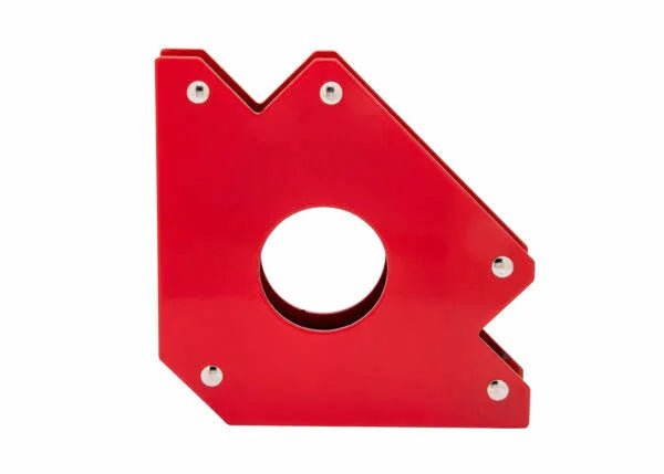 The Harris Magnetic Holder - Large (MAGFXLG) is a red, metal, geometric magnet holder with a center hole and edge bolts, designed to hold metal pieces at precise angles during welding or assembly. Shown on a plain white background.