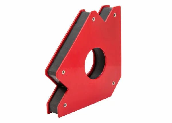 The Harris Magnetic Holder - Medium (MAGFXMD) is a red metal holder with a zigzag edge and center hole, shown upright. Its two flat surfaces hold metal pieces at set angles during welding.
