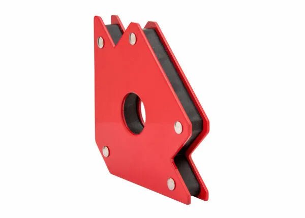 The Harris Magnetic Holder - Medium (MAGFXMD) is a red, angular metal magnet with a central circular hole and four silver rivets, designed to securely hold metal pieces at precise angles during welding or assembly.