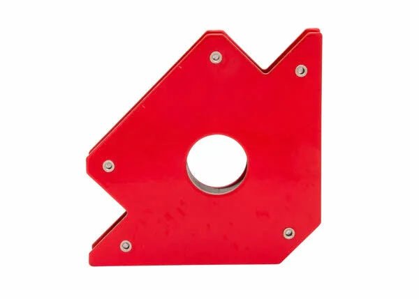 The Harris Magnetic Holder - Medium - MAGFXMD is a red, polygonal welding magnet with angled edges and a central hole, secured by corner screws. It holds metal pieces at precise angles during welding or soldering. Background is plain white.