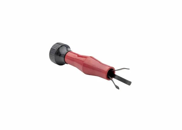 A close-up of the Harris MIG Nozzle Cleaner - 3060030, featuring a red and black cylindrical grip, black end cap, and a metal tip with two pincer-like prongs for gripping small items, shown isolated on a white background.
