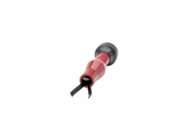 The Harris MIG Nozzle Cleaner - 3060030, a red and black tool with a curved metal prong, is shown on a white background; its designed for safely cleaning MIG welding nozzles and resembles an automotive trim removal tool.
