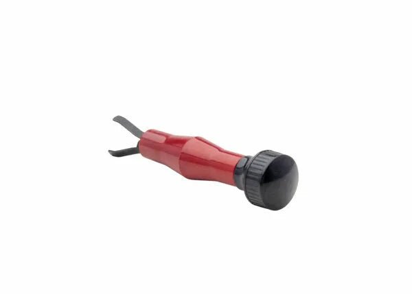 The Harris MIG Nozzle Cleaner - 3060030 features a red handle, black cap, and metal forked tip, designed for cleaning and prying tasks in automotive applications. Its forked end is ideal for removing interior trim pieces.