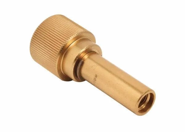 The Harris V-W-1 V-Series All Fuel Gases Equal Pressure Mixer (9105213) functions like a brass garden hose nozzle with a knurled grip and tapered tip, providing adjustable flow when attached to standard hoses.