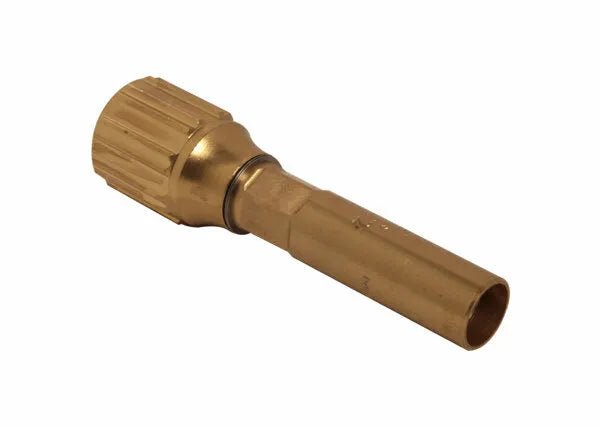 A brass valve core remover tool, crafted using metal fabrication techniques, features a grooved handle and a cylindrical shaft—ideal for removing and installing valve cores in tire valves.