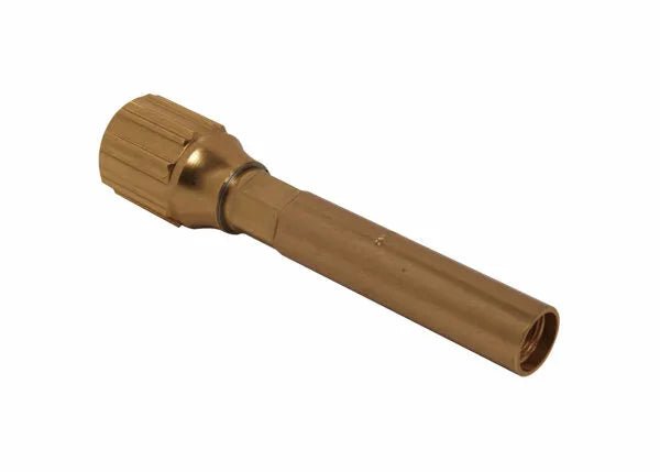 A brass garden hose nozzle with a ribbed, cylindrical grip and a tapered spout, ideal for attaching to standard hoses or use in metal fabrication and brazing and heating tip applications.