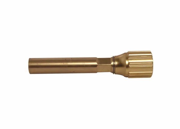 A brass-colored, cylindrical metal tool with a textured, ridged end, likely used as a valve core remover or installer in metal fabrication or brazing and heating tip applications, shown on a white background.