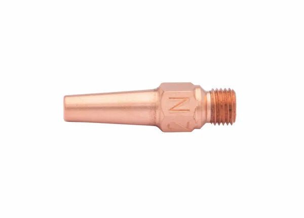 The Harris 1600270 1390-13N Separable Brazing Tip is made from tellurium copper with a hexagonal base, threaded end, and tapered nozzle, shown isolated on a white background.