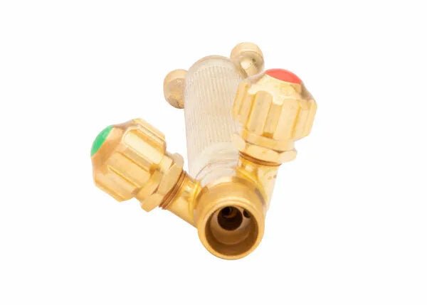 The Harris 1401410 15-5 Aircraft-Style Torch Handle features two grooved front valves—one green, one red—for precise gas control. Its textured brass handle ensures a secure grip and is shown against a white background.