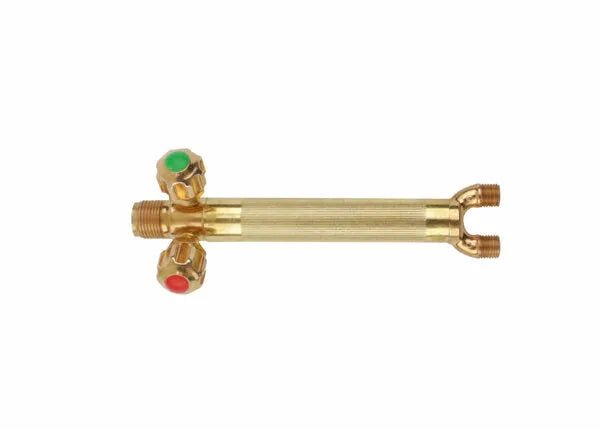 The Harris 1401410 15-5 Aircraft-Style Torch Handle features two front valves with green and red knobs, a textured grip, and dual threaded connections, all shown against a white background.