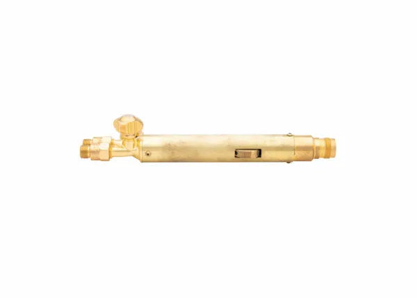Harris 1401820 18-5 Automatic Welding Torch Handle with brass body, check valves, adjustable knob and nozzle on white background.
