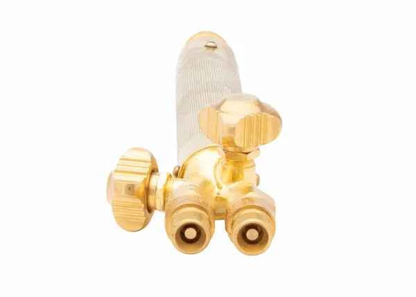 Harris 1401820 18-5 Automatic Torch Handle for welding, with check valves, twin control valves, connectors, on white background.