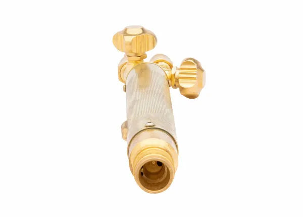 Harris 1401820 18-5 Automatic Torch Handle with Check Valves, vintage gold, ribbed knobs—welding tool on white background.