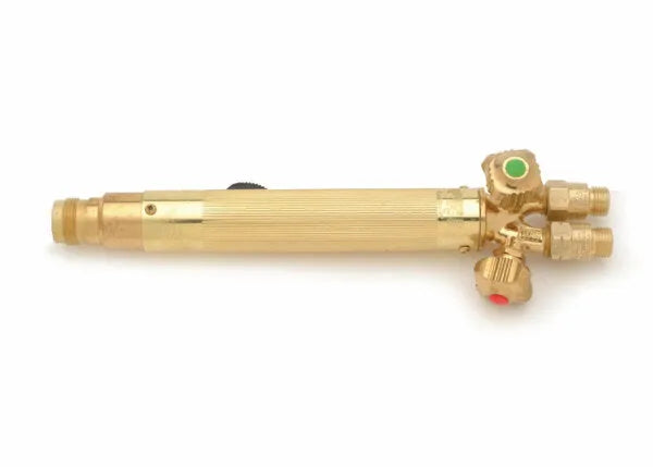 Harris 1401820 18-5 gold welding torch handle with check valves, green and red knobs—essential welding tool on white background.