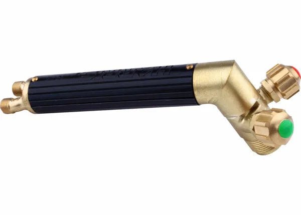 The Harris QC1906AP 19-6-AP Medium Duty Oxy-Fuel Torch Handle features angled brass fittings, black accents, two ports, and red/green adjustment knobs for precise welding or cutting tasks.