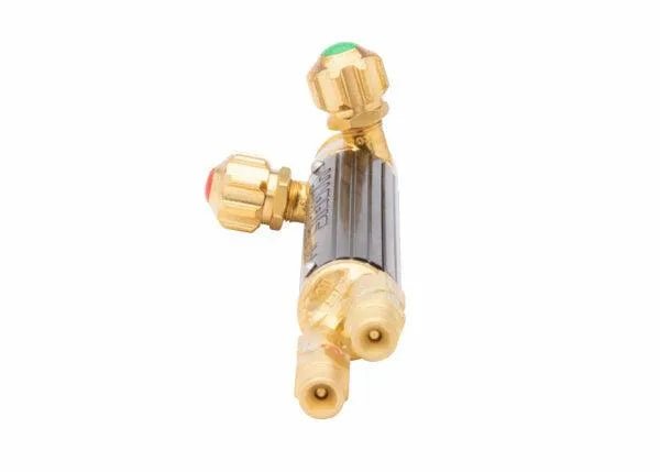 The Harris 1401156 19-6 Combination Torch Handle features front valves with green and red knobs for precise control. Made of brass and metal, it includes hose, torch tip attachments, and built-in check valves.
