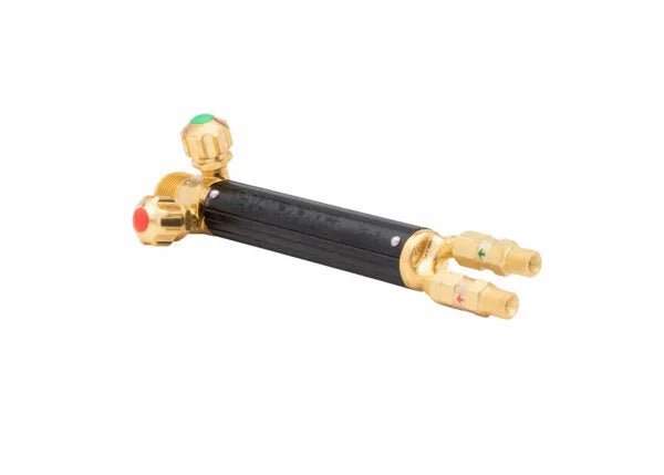 Harris 1401143 19-6A welding torch handle with black/brass body, red/green gas flow valves, check valves for welding/cutting.