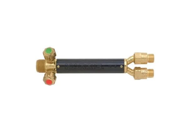 Harris 1401143 19-6A welding torch handle with front and check valves, black body, threaded connectors, red & green caps.