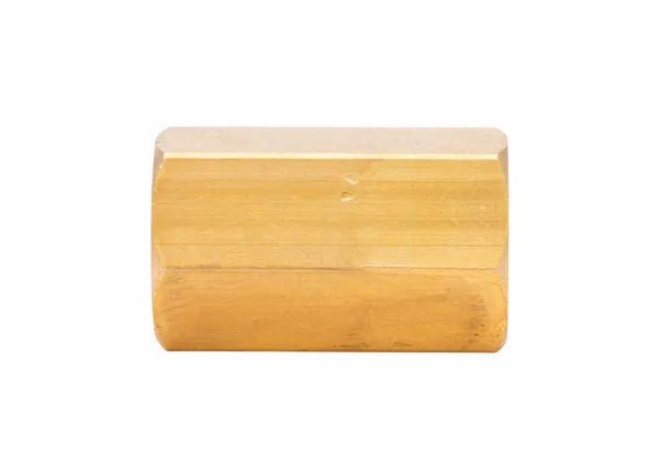 Harris Model 2327 brass coupler for 2290 heating tips, welding accessory, hexagonal, smooth gold finish, on white background.