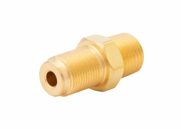 Harris Model 2357 Nipple 9000734 for welding torches; dual threaded with hex center fits Model 2290 heating tips. White background.