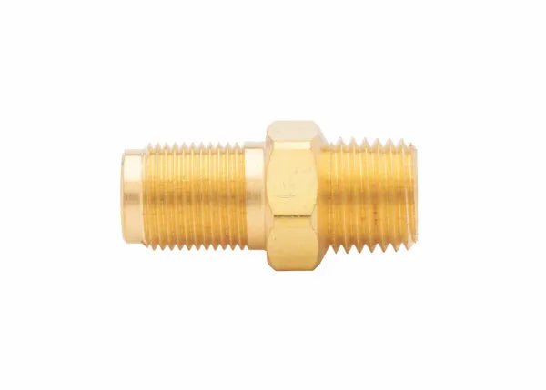 Harris 2357 Nipple 9000734 for Model 2290 welding tips, threaded ends, hex center; welding tool on white background.