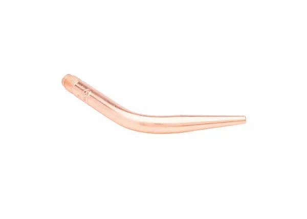 A curved, copper welding tip with a threaded end—ideal as a Harris Model 23A90 brazing tip—displayed on a white background.