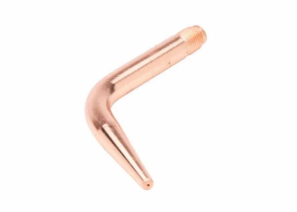 A copper welding brazing tip with a threaded end and a sharply bent, angled shape, compatible with Harris Model 23A90 for acetylene hydrogen use, isolated on a white background.