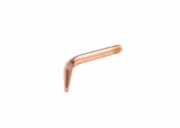 A copper welding brazing tip with a threaded end and a slightly curved nozzle, compatible with acetylene hydrogen gases, similar to the Harris Model 23A90, isolated on a white background.